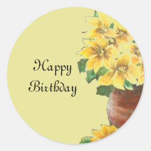 Sticker Rond Joyeux anniversaire Peinture fleurs jaunes dans po