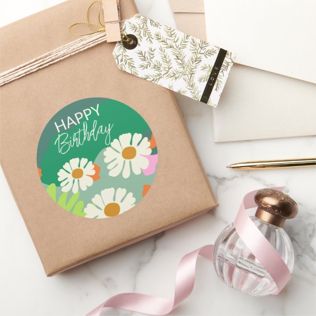 Sticker Rond Joyeux anniversaire pendant l'été Fleur Artistique (Cadeaux)