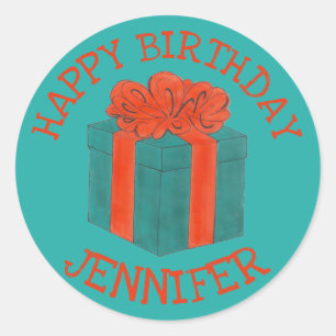 Sticker Rond Joyeux anniversaire Personnalisé Bleu Rouge boîte