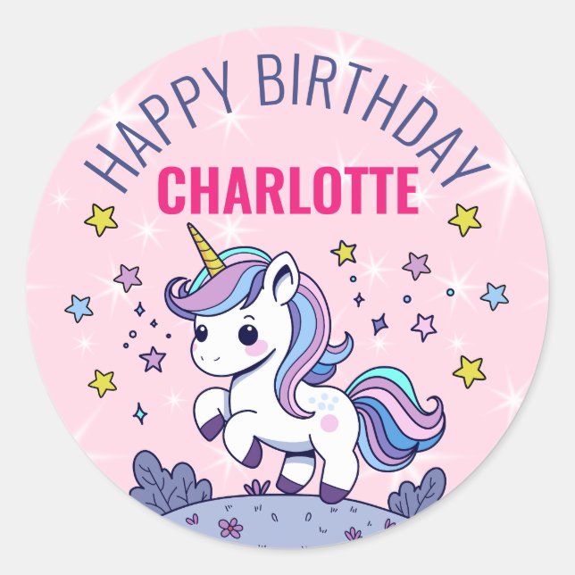 Sticker Rond Joyeux Anniversaire Personnalisé Unicorn Magique (Devant)