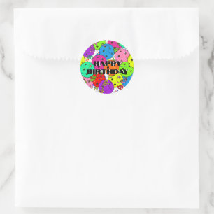 Sticker Rond Joyeux Anniversaire Pickleball Ballons Confetti Bl