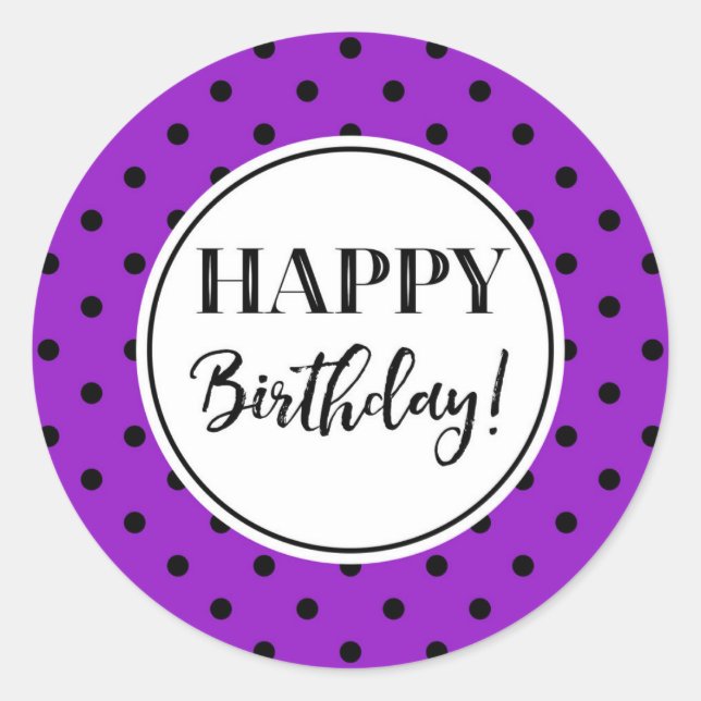 Sticker Rond Joyeux Anniversaire Pourpre Blanc Points Noirs (Devant)