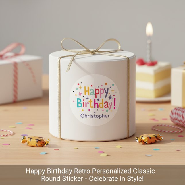 Sticker Rond Joyeux Anniversaire Rétro Personnalisé (Happy Birthday Retro Personalized Classic Round Sticker)