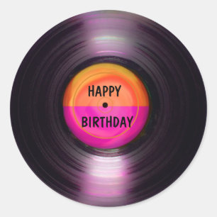 Sticker Rond Joyeux Anniversaire Retro Vinyl Record
