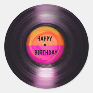 Sticker Rond Joyeux Anniversaire Retro Vinyl Record