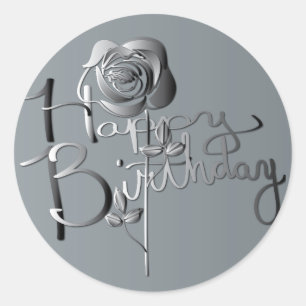 Sticker Rond "Joyeux anniversaire !" Rose 3D argenté écrit à