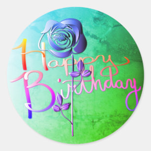 Sticker Rond "Joyeux anniversaire !" Rose 3D coloré manuscrit