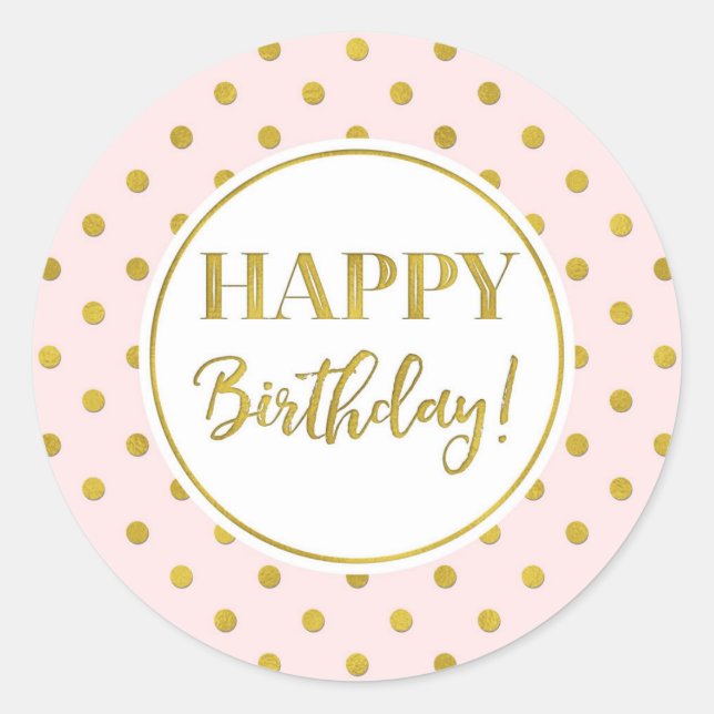 Sticker Rond Joyeux Anniversaire rose blanc points d'or classiq (Devant)