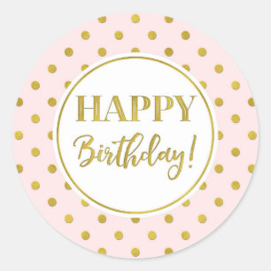 Sticker Rond Joyeux Anniversaire rose blanc points d'or classiq