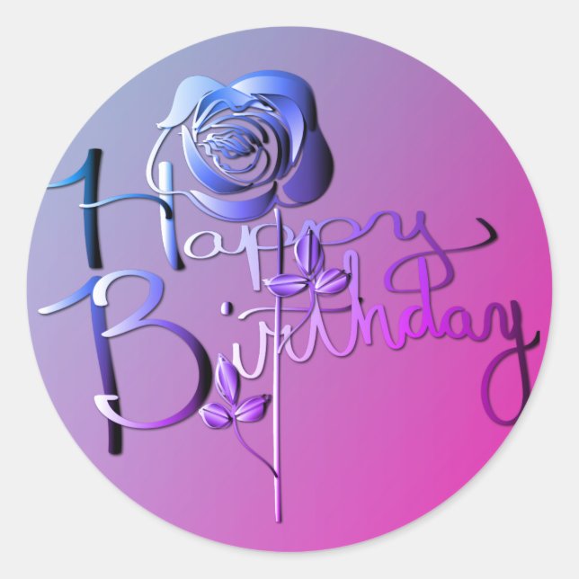 Sticker Rond "Joyeux anniversaire !" Rose bleu 3D manuscrit (Devant)