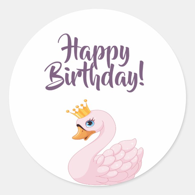 Sticker Rond Joyeux Anniversaire rose cygne princesse sur blanc (Devant)