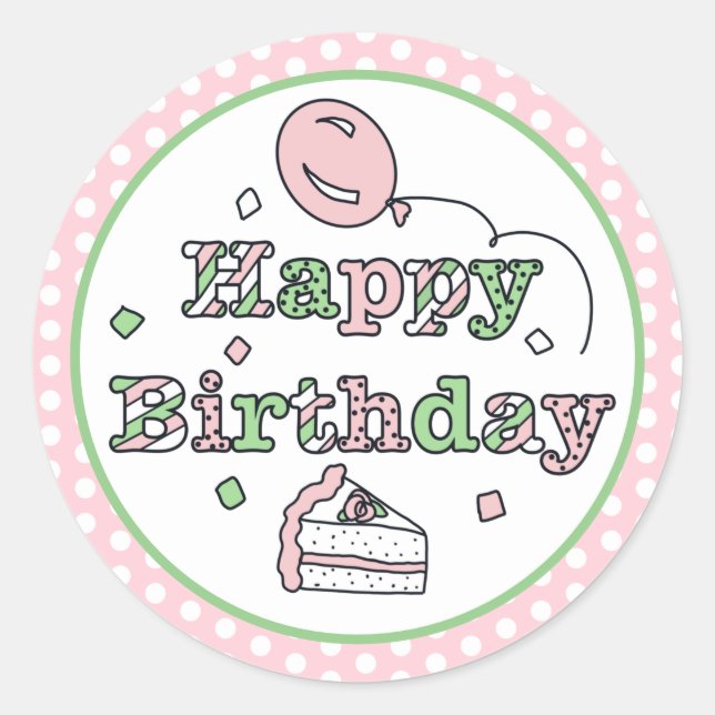 Sticker Rond Joyeux anniversaire rose et vert (Devant)
