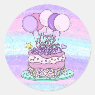 Sticker Rond Joyeux anniversaire rose et violet