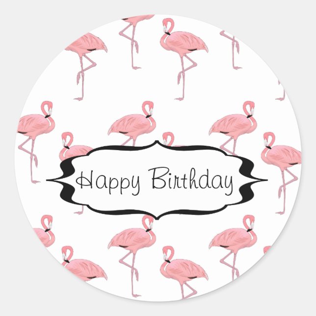 Sticker Rond Joyeux Anniversaire rose Flamingo Pattern (Devant)