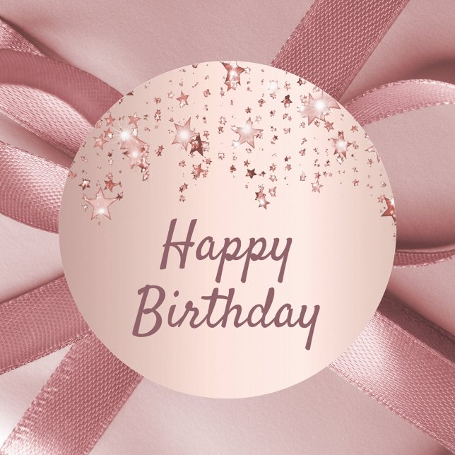 Sticker Rond Joyeux anniversaire rose or étoiles rose (Créateur téléchargé)