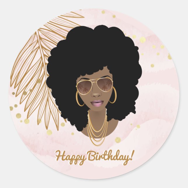 Sticker Rond Joyeux anniversaire, rose & or, Tropical, Femme no (Devant)