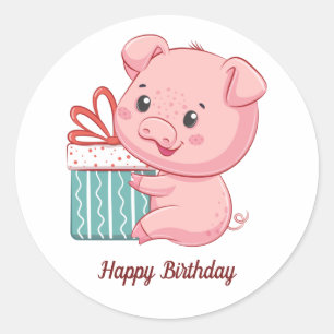 Sticker Rond Joyeux Anniversaire Rose Piglet avec boîte cadeau