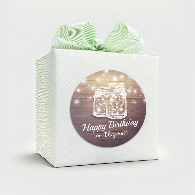 Sticker Rond Joyeux Anniversaire Rustique Bois Mason Jar Lumièr (Créateur téléchargé)