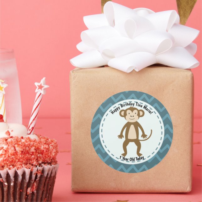 Sticker Rond Joyeux anniversaire singe Zoo Animaux (Fête)