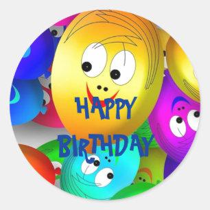 Sticker Rond Joyeux Anniversaire Souriant Visages de ballon