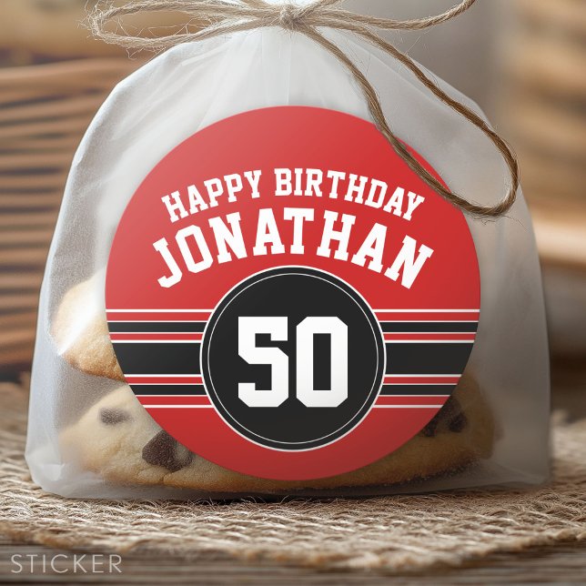 Sticker Rond Joyeux Anniversaire Sports avec l'âge - Rouge Noir (Custom Sticker for Party Favors and Envelopes)