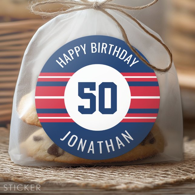 Sticker Rond Joyeux Anniversaire Sports Jersey Stripes Nom et â (Custom Sticker for Party Favors and Envelopes)