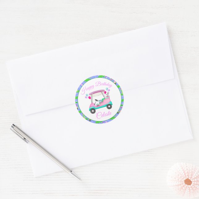 Sticker Rond Joyeux anniversaire sur le thème du golf féminin  (Enveloppe)