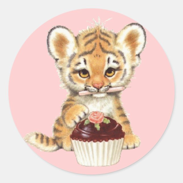 Sticker Rond Joyeux anniversaire - Tigre mignon avec Cupcake (Devant)