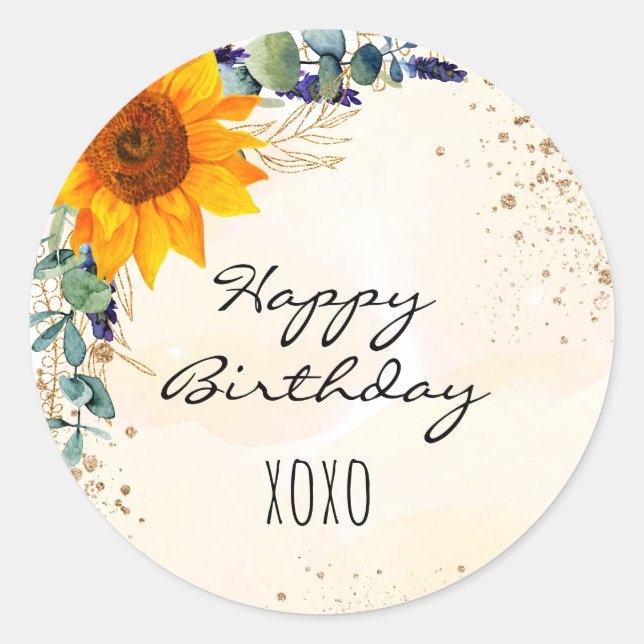 Sticker Rond Joyeux anniversaire tournesol eucalyptus parties s (Devant)