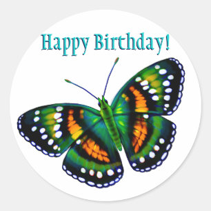 Sticker Rond Joyeux Anniversaire Tropical Turquoise Papillon ve