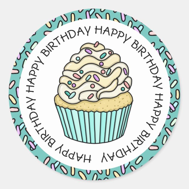 Sticker Rond Joyeux anniversaire Turquoise et Vanilla Cupcake (Devant)