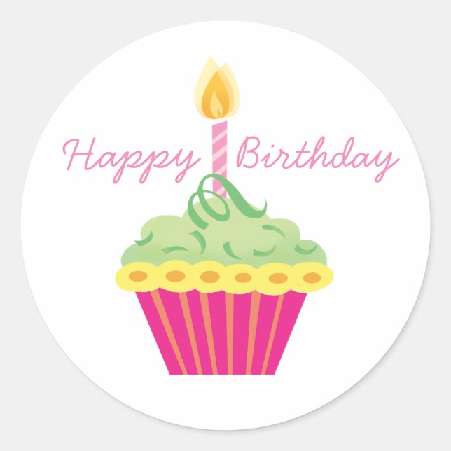 Sticker Rond Joyeux Anniversaire Vert Jaune et Cupcake Rose (Devant)