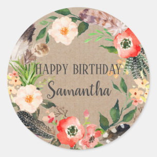 Sticker Rond Joyeux Anniversaire Vintage fleuri Craft rose