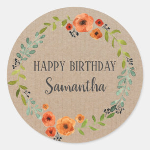 Sticker Rond Joyeux Anniversaire Vintage Floral Wreath Craft Ro