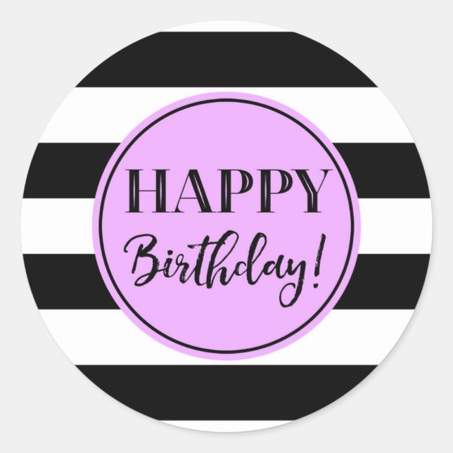 Sticker Rond Joyeux Anniversaire violet noir rayures blanches (Devant)