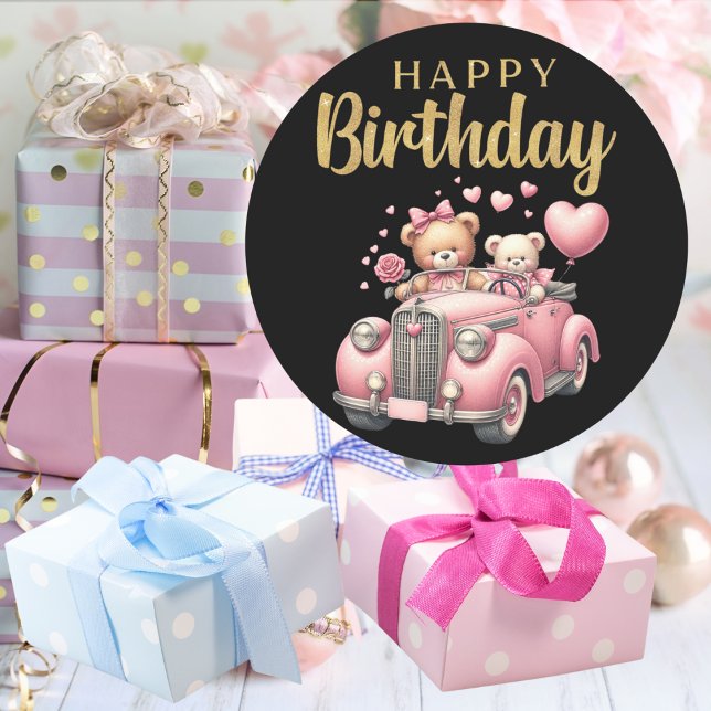 Sticker Rond Joyeux Anniversaire Voiture Rose et Ours Autocolla (Happy Birthday Pink Car and Bears Sticker Mockup 2)