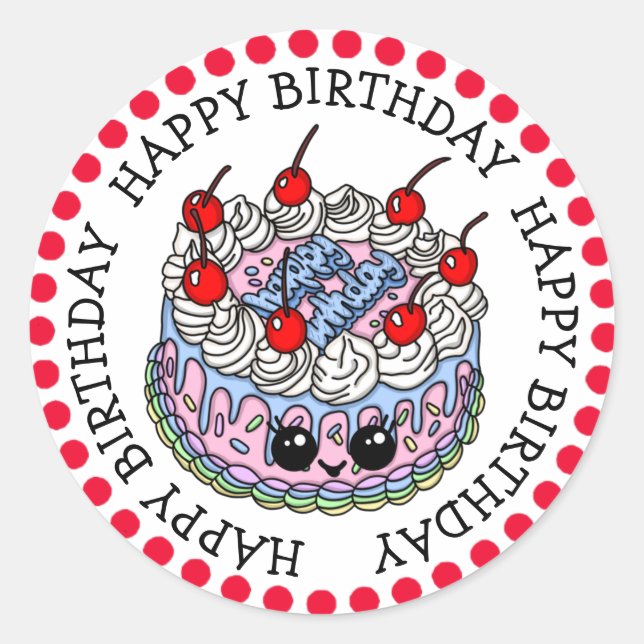 Sticker Rond Joyeux Anniversaire Whimsical Main dessiné Gâteau (Devant)