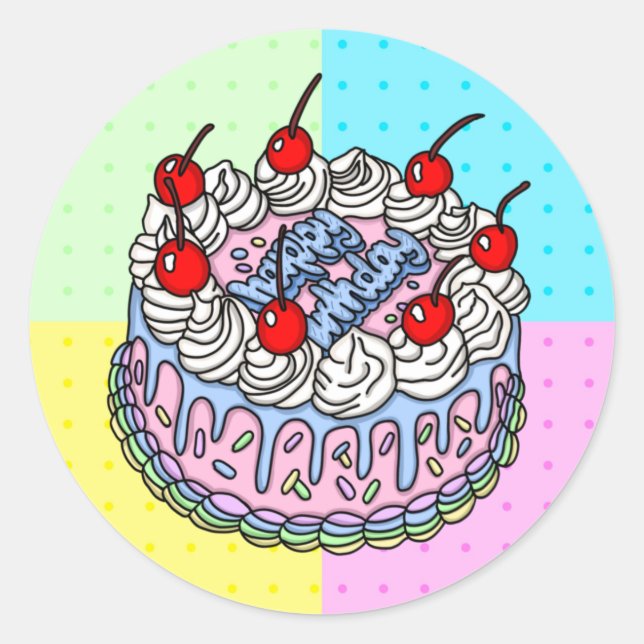Sticker Rond Joyeux Anniversaire Whimsical Main dessiné Gâteau (Devant)