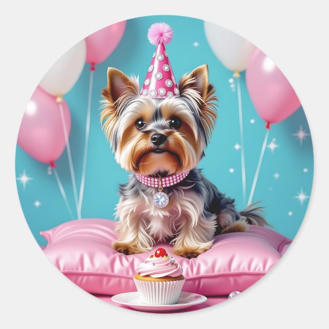 Sticker Rond Joyeux Anniversaire Yorkie Rose Mignonne (Devant)