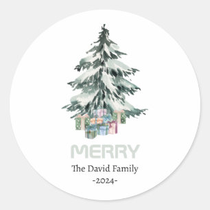 Sticker Rond Joyeux Aquarelle Neige Pine Noël Arbre Cadeaux