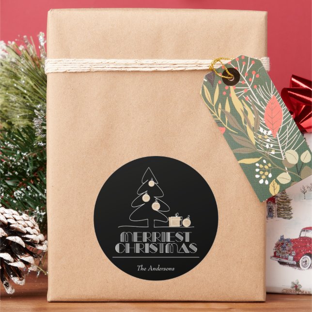 Sticker Rond Joyeux arbre de Noël noir (vacances)