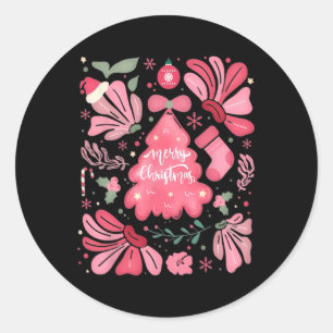 Sticker Rond Joyeux Arbre De Noël Rose Et Joyeux Fêtes De Noël