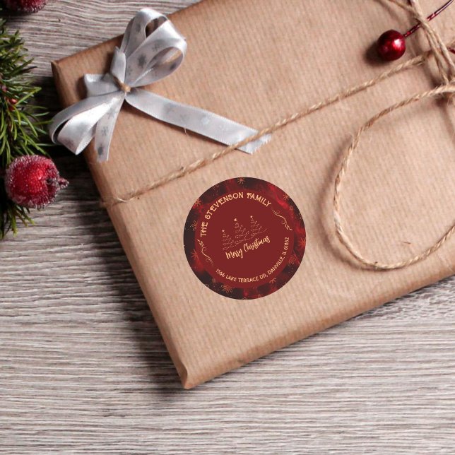 Sticker Rond Joyeux arbres de Noël Bourgogne (Merry Christmas Trees Burgundy Classic Round Sticker)