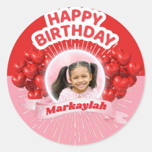 Sticker Rond Joyeux Ballons d'anniversaire rose et rouge photo