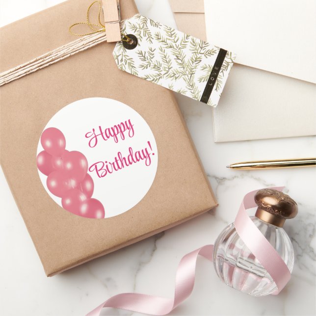Sticker Rond Joyeux Ballons d'anniversaire rose simple propre (Cadeaux)