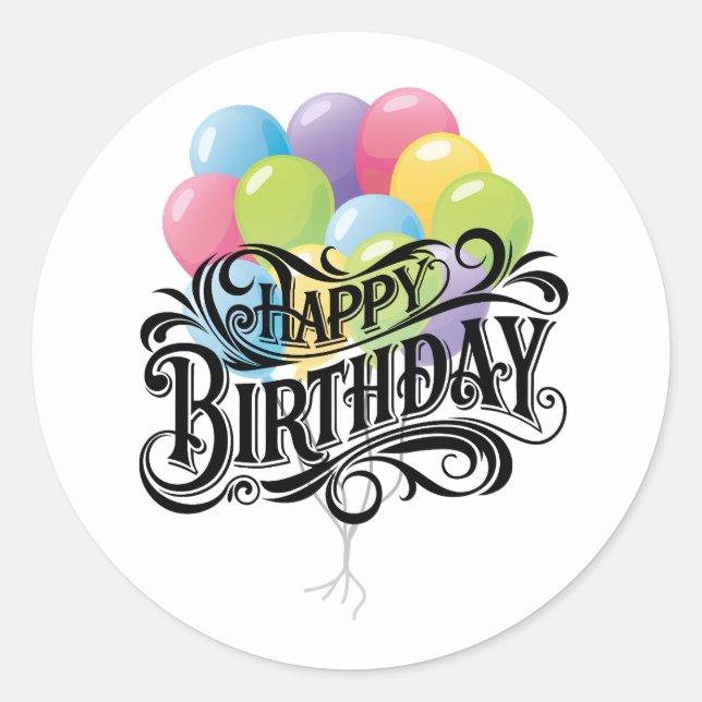 Sticker Rond Joyeux Balloons Rétro Card Anniversaire (Devant)
