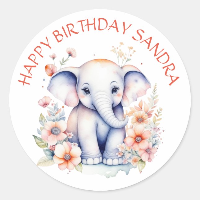 Sticker Rond Joyeux bébé éléphant anniversaire personnalisé (Devant)