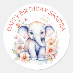 Sticker Rond Joyeux bébé éléphant anniversaire personnalisé