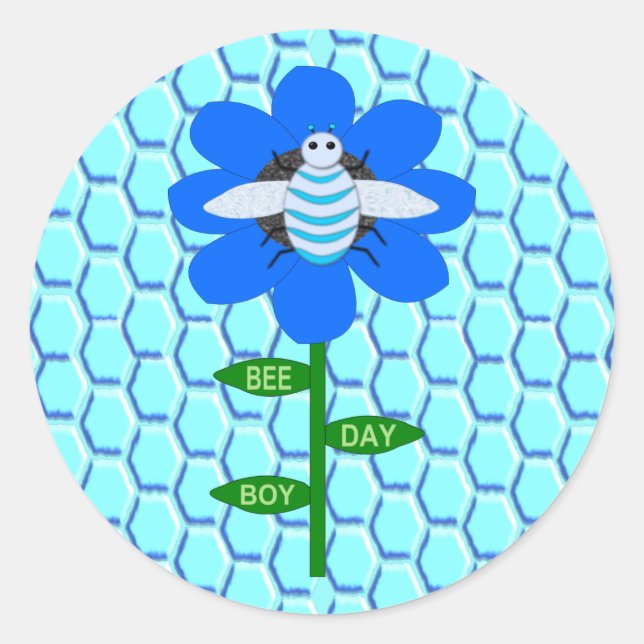 Sticker Rond Joyeux Bee Day Boy Blue Birthday Bumblebee (Devant)