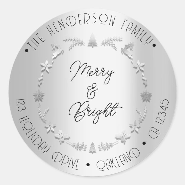 Sticker Rond Joyeux Bright Adresse de la famille Wreath Grey Si (Devant)
